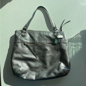 Coach Silver Camelia Distressed Leather Shoulder Bag